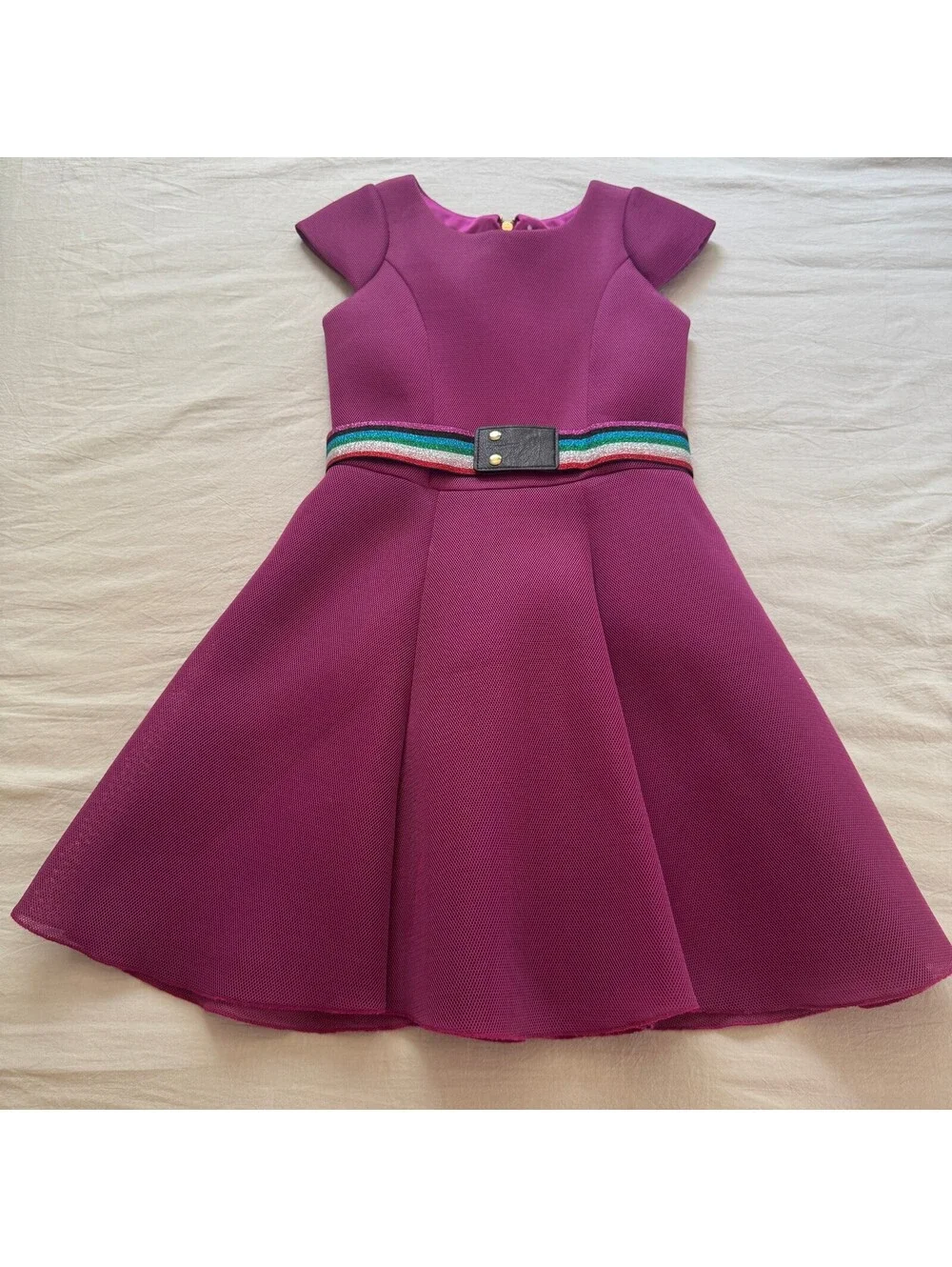 Zoe Ltd Kids Girls Purple Plum Fit Flare Scuba Mesh Party Dress Rainbow Belt NWT